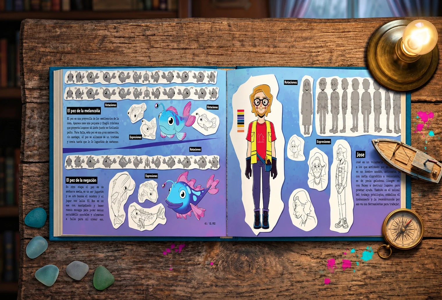 Libro de arte El pez abierto sobre una mesa de madera, con diseños de personajes y expresiones.