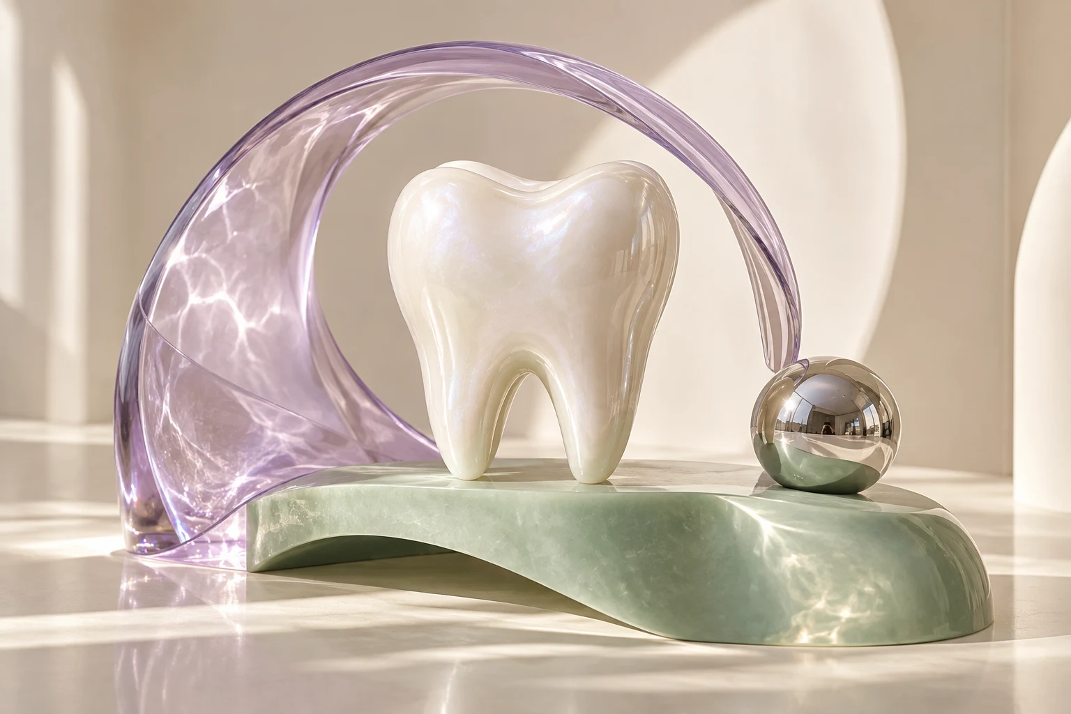 La pieza dental se convierte en una escultura: vidrio, reflejos y curvas expresan precisión sin recurrir a una estética hospitalaria.