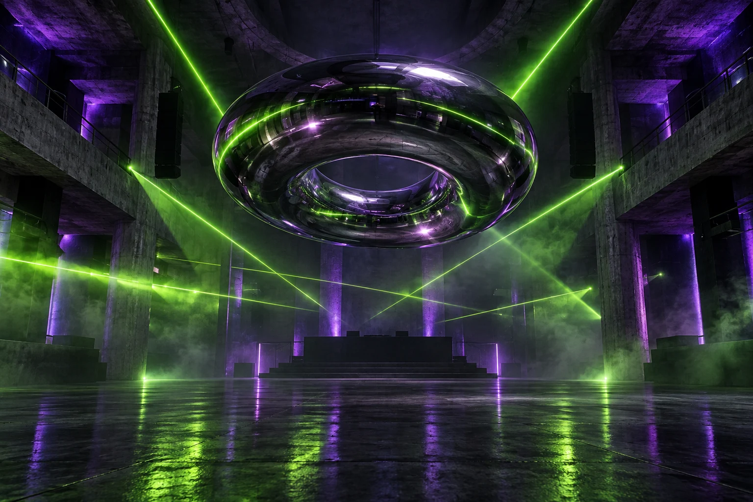 Un anillo metálico suspendido funciona como portal. Los láseres atraviesan el humo y dibujan un escenario imposible entre arquitectura y música.